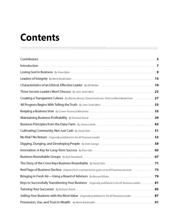 Business Articles table of contents